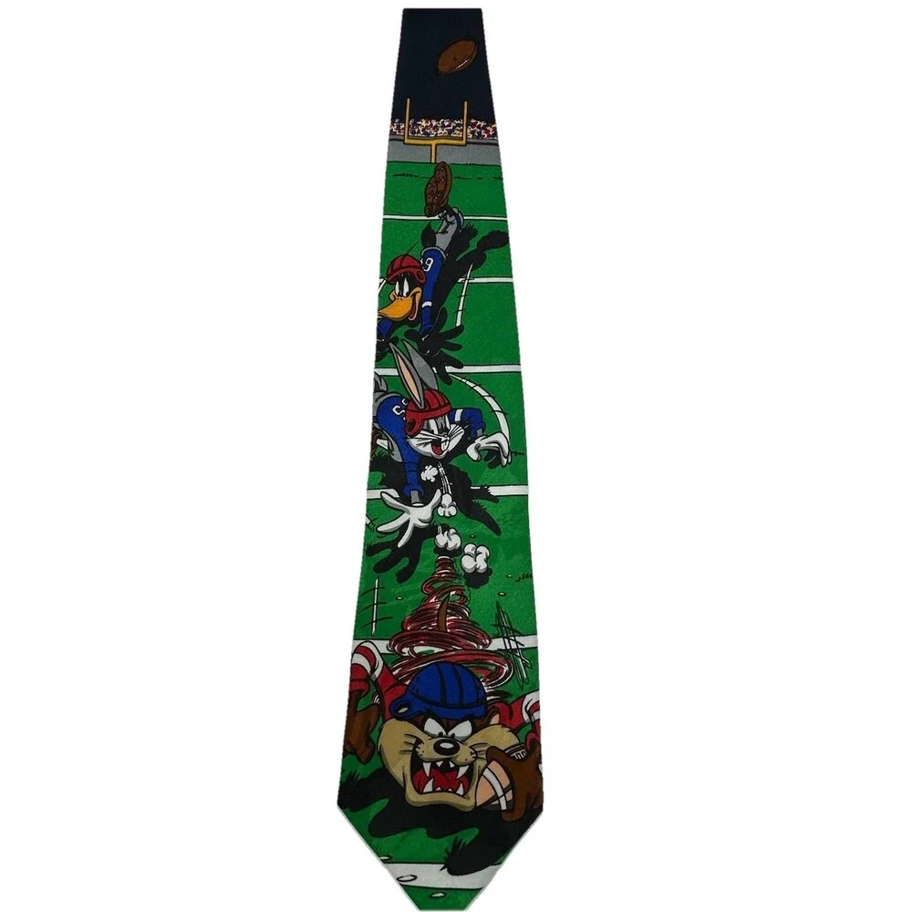 Vintage Looney Tunes Mania Football Tie Taz Bugs Bunny Daffy Duck Green 55.75